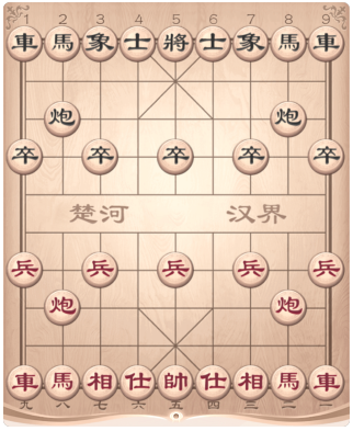 中国象棋棋盘与棋子初始摆放示意图，清晰展示楚河汉界、九宫和红黑双方32枚棋子的位置