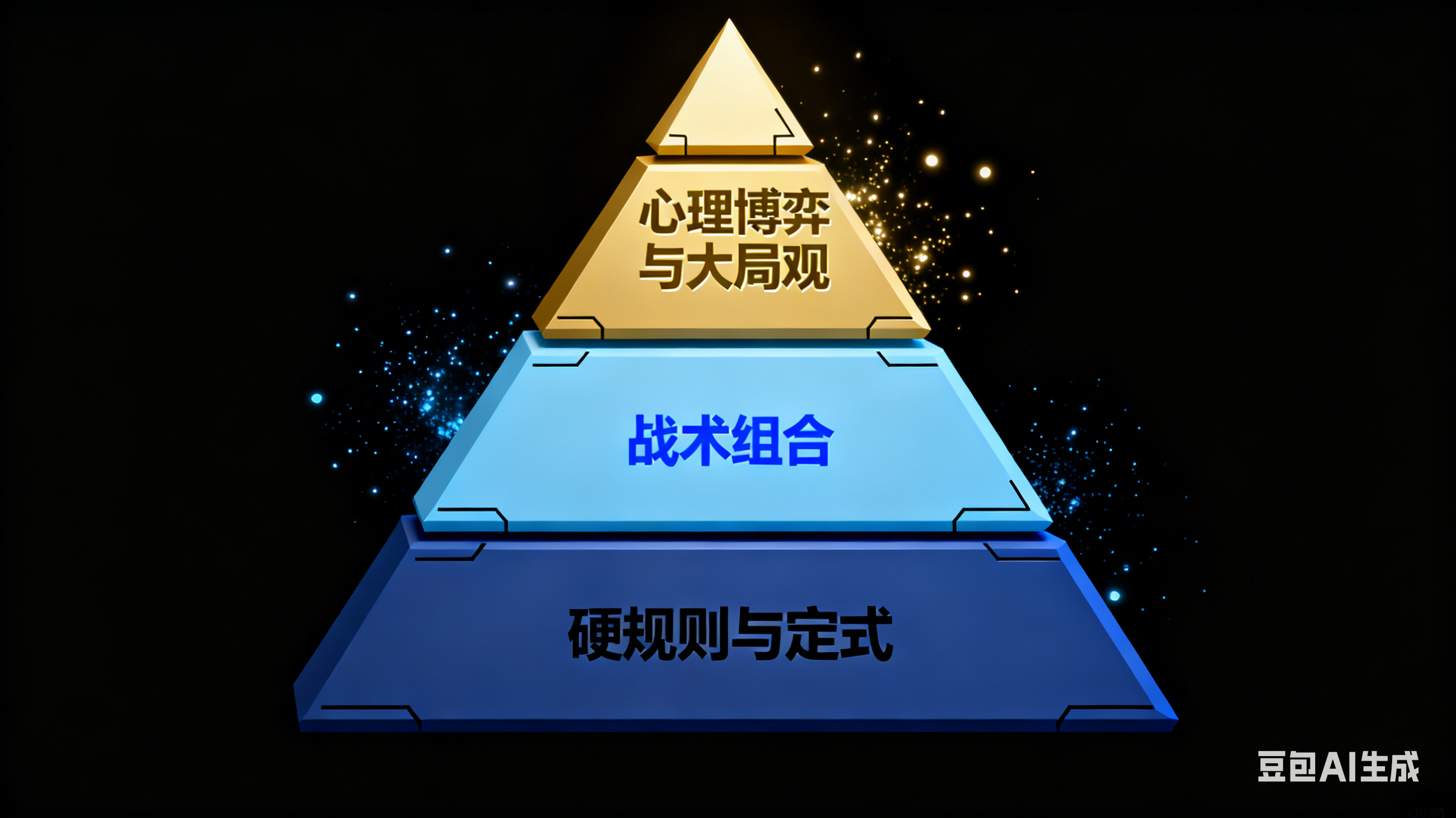 象棋学习阶段金字塔图示：底部是硬规则与定式，中间是战术组合，顶部是心理博弈与大局观
