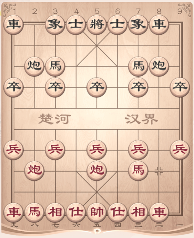 中国象棋屏风马开局阶段，双马护中卒的典型防御结构示意图
